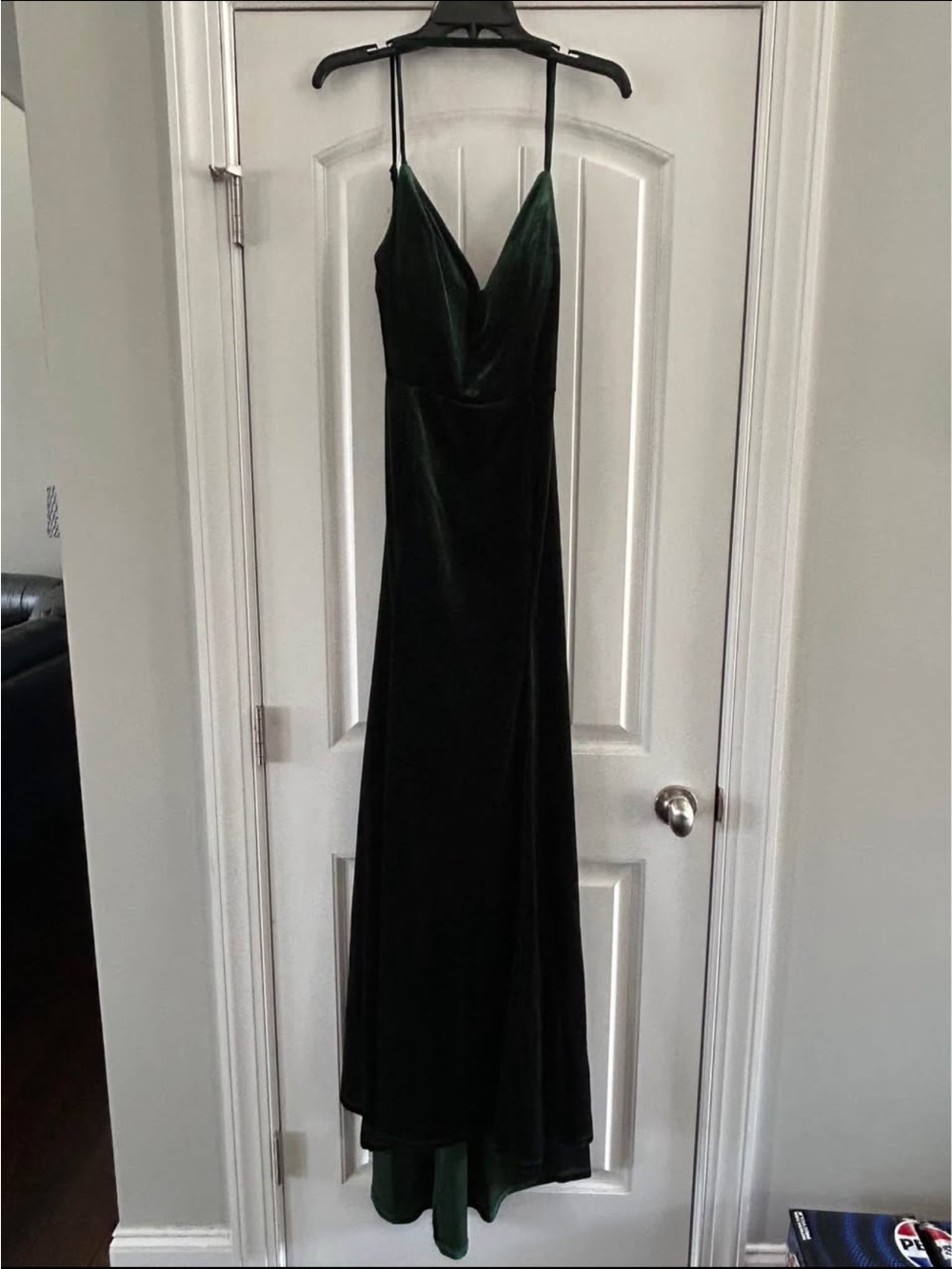 Velvet Cowl-Neck Spaghetti-Strap Prom Dress in Dark Green